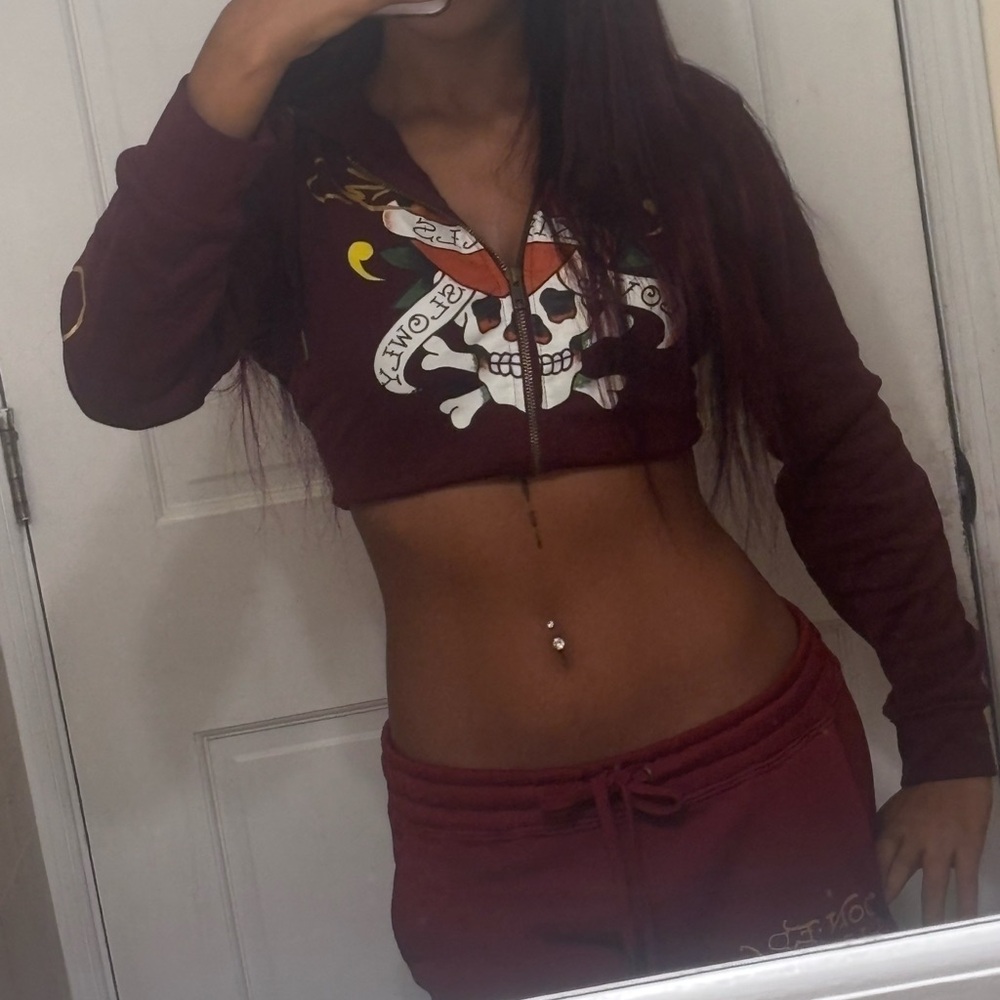 Ed Hardy Maroon Skull Graphic Crop Top